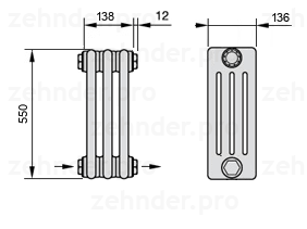 Схема (чертеж) Радиатор Zehnder Charleston 4055/3 №2670 Белый глянцевый RAL 9016